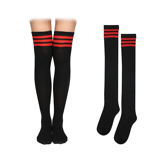 KINBOM 1 Pair Thigh High Socks, Cotton Soft Knee High Long Stockings Women Leg Warmers for Wednesday Christmas Cosplay - Main Black, Red Stripe
