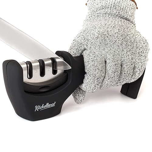 4-in-1 Kitchen Knife Accessories: 3-Stage Knife Sharpener Helps Repair, Restore, Polish Blades and Cut-Resistant Glove (Black) - Black
