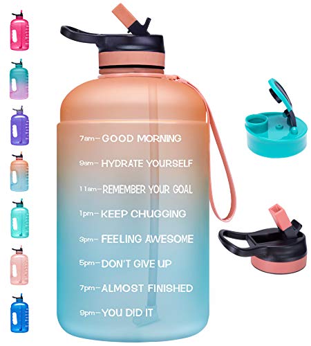 Venture Pal Large 64 oz/Half Gallon Motivational Water Bottle with 2 Lids (Chug and Straw), Leakproof BPA Free Sports Water Jug with Time Marker to Ensure You Drink Enough Water Throughout The Day - A2-Orange/Green Gradient