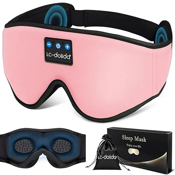 LC-dolida Sleep Headphones, Sleep Mask Bluetooth Wireless Music Eye Mask, Sleeping Headphones for Side Sleepers Sleep Mask with Bluetooth Headphones Ultra-Thin Stereo Speakers Perfect for Sleeping - Pink 3d