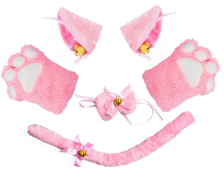 Beelittle Cat Cosplay Costume Accessories Kitten Ears Tail Collar Paws for Women Girl Halloween Dress Up - Pink1
