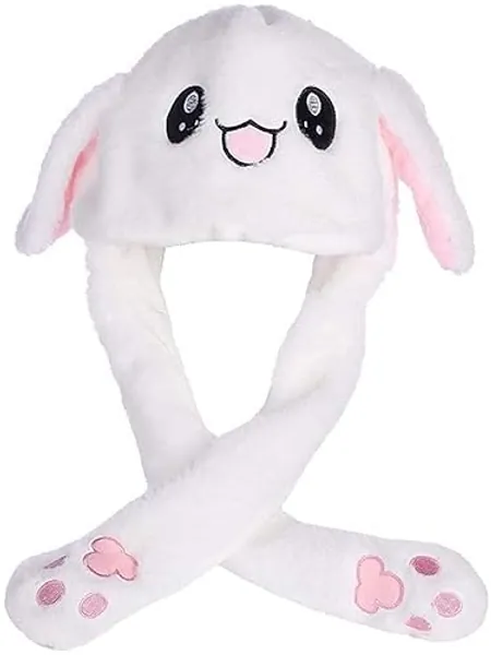 CNHNGTS Funny Plush Bunny Moving/Jumping Rabbit Cute Unisex Animal Ear Flap Hat with Paws for Women Girls, White, One Size
