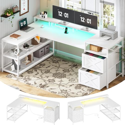 SEDETA 67" L Shaped Desk with Drawers, Computer Office Desk with Storage Shelves & Power Outlet, Reversible Gaming Desk with LED Lights for Home Office, White - White