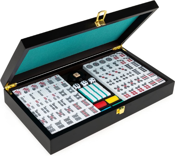 Legacy Deluxe Mah Jong Classic Game with Two-Toned Tiles and Lined Wood Storage Case, Family Game for 4 Players Ages 8 and up - Mahjong