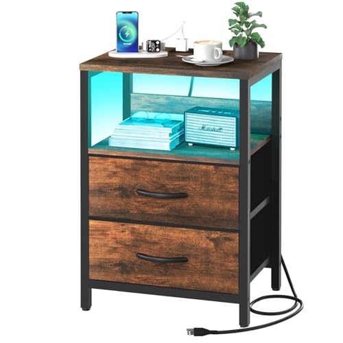Yoobure Nightstand with Charging Station, LED Night Stand with Fabric Drawers and Storage Shelf for Bedroom, Nightstands Bedside Tables with USB Ports & Outlets, Small Night Stands, Bed Side Table - Vintage Brown