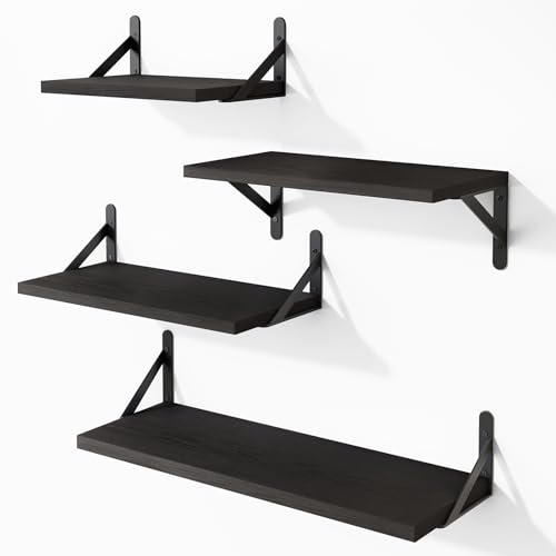 YGEOMER Floating Shelves for Wall, Black Wall Shelves Different Sizes, Wall Mounted Wood Shelf for Living Room, Bathroom, Bedroom, Kitchen, Home Decor (Set of 4) - Black