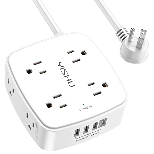 10 Ft Surge Protector Power Strip - YISHU 3 Side Outlet Extender with 8 Widely AC Outlets and 4 USB Ports, 10 Feet Extension Cord with Flat Plug, Wall Mount Desk USB Charging Station, ETL,White - 10 Ft - White