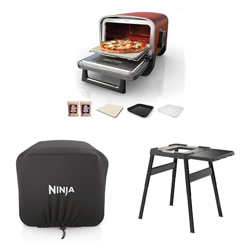 Bundle of Ninja Woodfire Electric Outdoor Oven, 8-in-1 Pizza Oven, High-Heat Roaster & BBQ Smoker with Rack, Pizza Stone, Wood Pellets & Scoop, 6 Pizza Settings, OO101UK + Cover + Stand - Pizza Oven w/ Stand + Cover