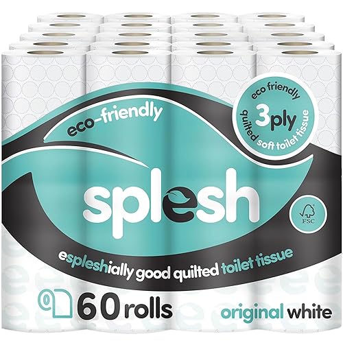 Splesh by Cusheen 3-ply Toilet Roll - Unscented (60 Pack) Soft, Quilted Bulk Toilet Rolls, Toilet Tissue and Loo Rolls – Eco-Friendly Toilet Paper Sustainably Crafted in The UK - 60 count (Pack of 1)