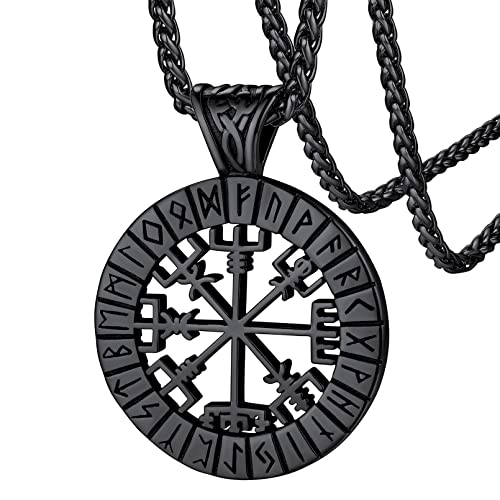 FaithHeart Norse Viking Pendant Necklace, Stainless Steel Nordic Compass Valknut Rune Jewelry for Men Women Delicate Gift Packaging - Compass-Black
