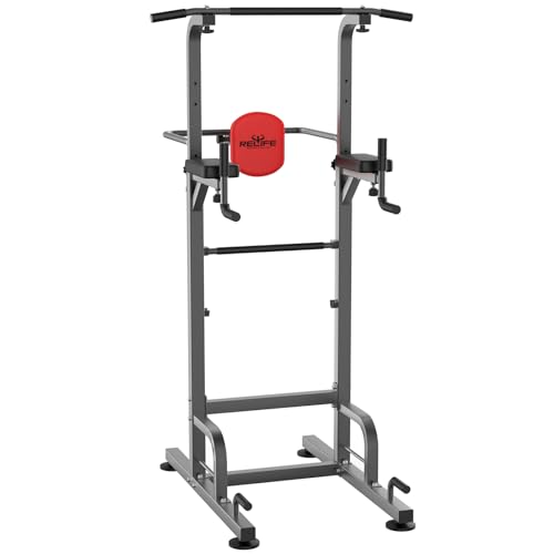 RELIFE REBUILD YOUR LIFE Power Tower Pull Up Bar Station Workout Dip Station for Home Gym Strength Training Fitness Equipment Newer Version,450LBS. - Silver