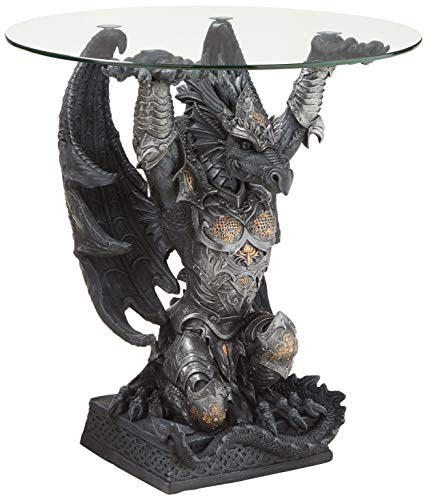 Design Toscano Hastings, the Warrior Dragon Glass-Topped Sculptural Table, Gray Stone Finish, 24 Inch