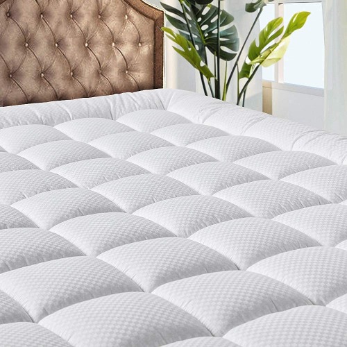 MATBEBY Bedding Quilted Fitted Queen Mattress Pad Cooling Breathable Fluffy Soft Mattress Pad Stretches up to 21 Inch Deep, Queen Size, White, Mattress Topper Mattress Protector - White - Checkered King