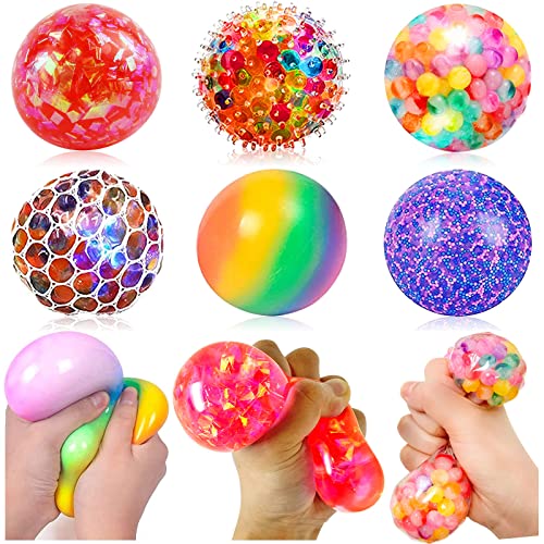 Squishy Stress Balls for Kids Fidget Toys - 6 Pack Sensory Stress Balls Set Rainbow Mesh Squishy Ball Water Bead Stress Balls Bulk Squeeze Ball for Autism ADHD - 6set
