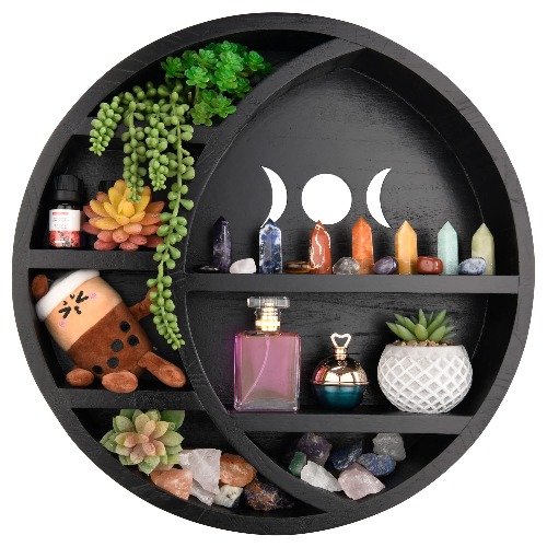 The Poppy Store Large 17" Moon Shelf – Ideal for Crystal Decor, Essential Oils, Witchy Room, and Boho Art Display - Decorative Crystals Wall Shelf - Easy Mount - Paulownia Wood – Black - 
