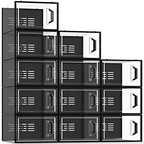 SEE SPRING XX-Large 12 Pack Shoe Storage Box, Clear Plastic Stackable Shoe Organizer for Closet, Space Saving Sneaker Shoe Rack Containers Bins Holders Fit up to Size 13 (Black) - Black,Transparent - XX-Large Front Profile