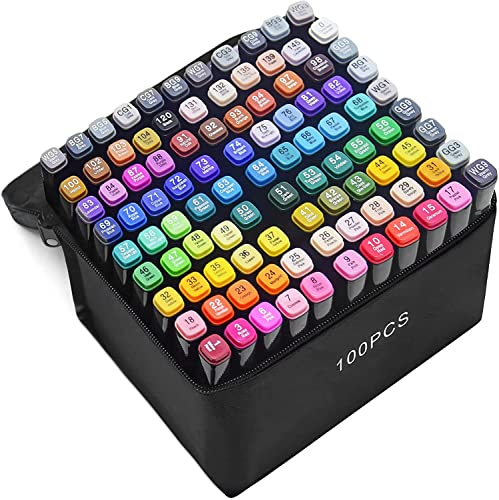 ATOPSTAR 100 Colors Alcohol Markers Artist Drawing Art Markers for Kids Dual Tip Markers for Adult Coloring Painting Supplies Perfect for Kids Boys Girls Students Adult Gift(100 Black Shell) - Black - 100