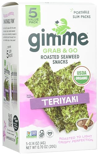 Gimme Grab & Go Roasted Seaweed Snacks, Teriyaki, Vegan, USDA Certified Organic, Gluten Free & Non-GMO, 5 Value Pack, 0.7 Ounce (Pack of 6)