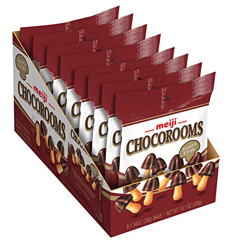 Meiji Chocorooms Crispy Crackers, Milk and Dark Chocolate Combination - 1.34 oz, Pack of 8 - Bite Sized Crackers in Fun Mushroom Shapes