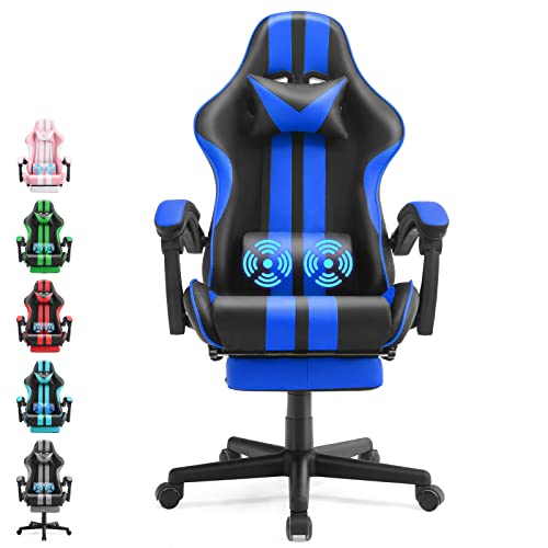 Racing Style PC Computer Chair,Computer Gaming Chair, E-Sports Chair,Ergonomic Office Chair with Height Adjustment,Retractable Footrest,Headrest and Massage Lumbar Support(Navy Blue) - Navy Blue - Racing Version