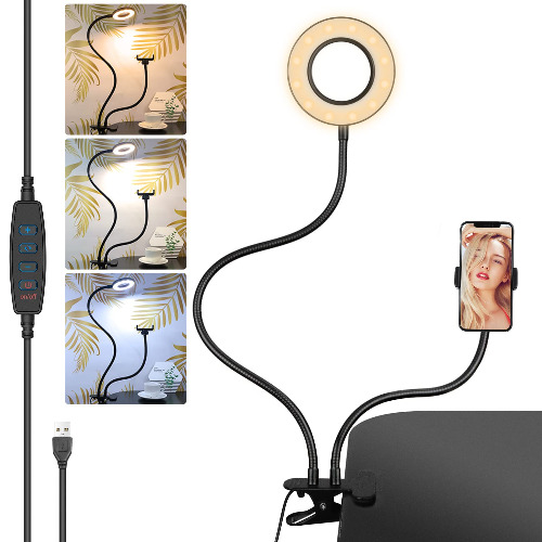 Ring Light, [2 IN 1] Diyife Desk Lamp Clamp, Clip on Reading Light, Webcam Light Stand with Phone Holder, Selfie Light Ring with Flexible Arm, 3 Light Mode for YouTube, Live Stream, Tik Tok
