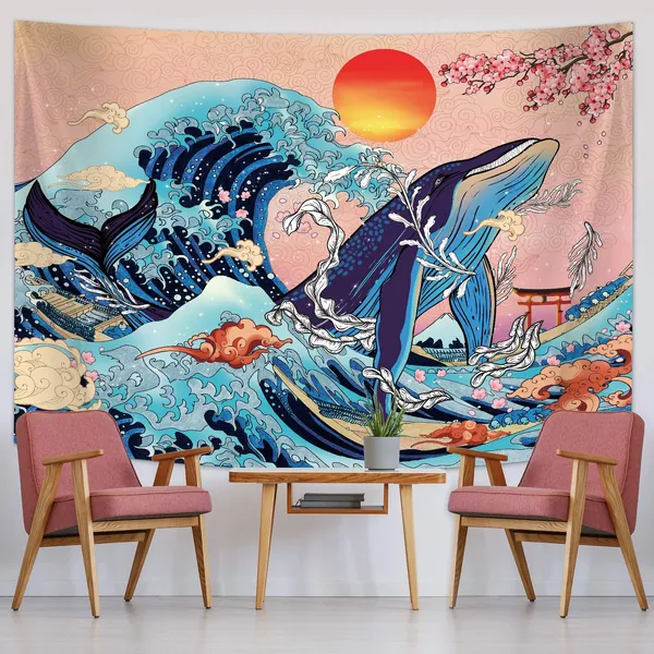 Japanische Welle Wandteppich Ukiyo-e Welle Koi Wal Wand Tapisserie Wanddekoration mit Sonnenuntergang Kirschblüten Kunst Natur Hintergrund für Wohnzimmer Schlafzimmer (59,1x 51,2 Zoll)
