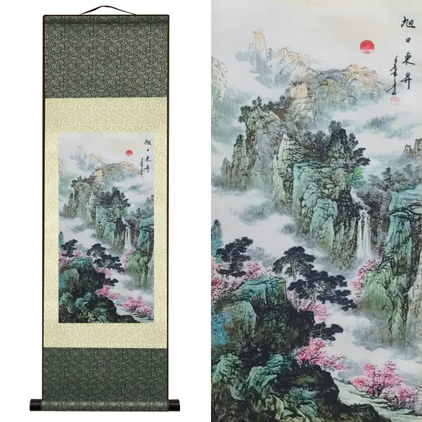Rollbild aus Seide Asiatisch Wand Dekoration Wasserfall Fluss Landschaft Gemälde - Aufgehende Sonne Osten Geht Auf Chinesische Kunstwandrolle Hängende Bildrolle Orientalisches Dekor(39 x 12 Zoll)