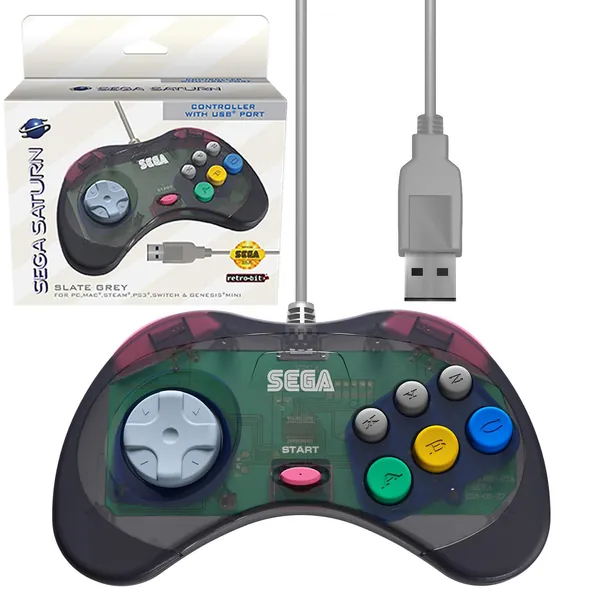 Retro-Bit Official Sega Saturn USB Controller Pad (Model 2) for Sega Genesis Mini, PS3, PC, Mac, Steam, Switch - USB Port (Slate Gray) - 