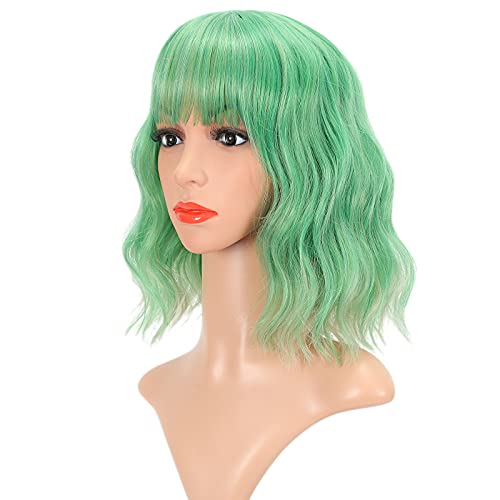 FAELBATY Green Wig Short Bob Wigs With Air Bangs Shoulder Length Wig For Women Curly Wavy Synthetic Cosplay Wig for Girl Costume Wigs (12" green color) - N green