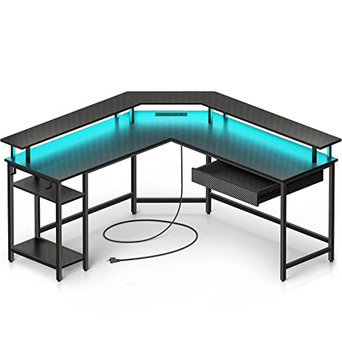 Rolanstar L Shaped Gaming Desk with Drawer, 55.1" Reversible Computer Desk with Power Outlets & LED Lights, Home Office Desk with Monitor Stand, Corner Desk with Hooks Cabon Fiber - Carbon Fiber Black