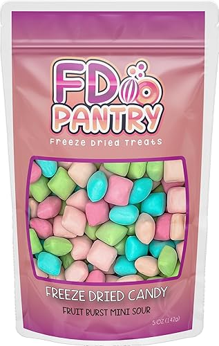 Freeze Dried Fruit Bursts Candy - Mini Sour l Hard Candy Mix 5oz Treat Snack Gift Bag Cherry, Strawberry, Blue Raspberry, Watermelon Freeze-Dried Candies - Sour Fruit Burst - Mini burst 5 ounce