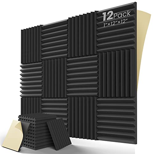 LEIYER Upgrade 12 pack Sound Proof Foam Panels With Self-Adhesive, 1" X 12" X 12" Acoustic Panels Quick-Recovery, Acoustic Foam Wedges High Density (12pcs, Black) - 1 Inch 12 Pack - Black