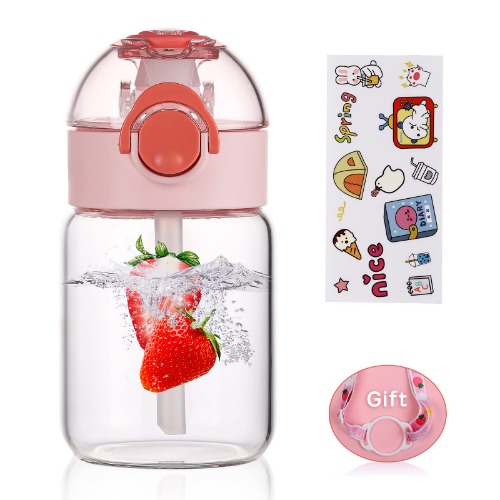 Cute Glass Water Bottle With Leak Proof Sippy Lids and Shoulder Strap,380ML Drink Cup for Girls Boys Children Adults ,Lunch Bag Cup Travel Mug (Pink)