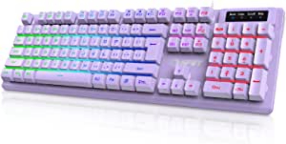 NPET K10 Wired Gaming Keyboard, RGB Backlit, Spill-Resistant Design, Multimedia Keys, Quiet Silent USB Membrane Keyboard for Desktop, Computer, PC (Purple) - Purple