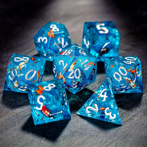 Aquamarine Koi Fish Liquid Core Resin DnD D&D Dice Set | Full Set