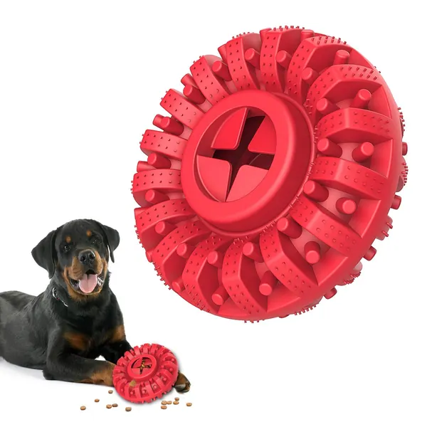 Lewondr Dog Toys for Aggressive Chewers, Natural Rubber Indestructible Dog Toys Treat Dispenser for Power Chewers, Durable Dog Chew Toy for Medium and Large Breed, Fun to Chew, Chase and Fetch, Red