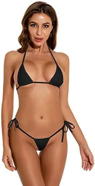 Oneheekini Women Sexy Halterneck Tiny Mini Micro Bra Charming Bikini G String Bottom Beachwear 2 Pieces - Black