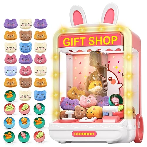 AIQI Kids Claw Machine, Mini Candy Vending Grabber, Prize Dispenser Toys for Girls and Boys, Electronic Claw Game Machine for Party Birthdays with Lights Sound, Includes 20 Plush and 10 Mini Toys - Rabbit