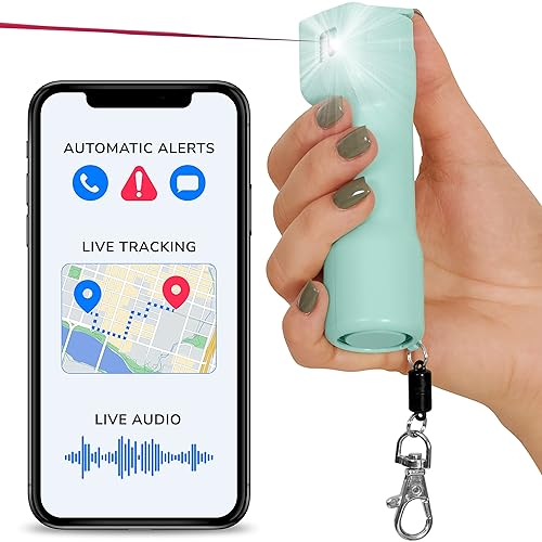 Plegium Smart Pepper Spray - The Original Smart Spray, Pair w/Smartphone for Location Sharing, Texts & Phone Alerts to Emergency Contacts, Military Grade Spray, Blinding LED Strobe Light, 130dB Siren - Mint Green