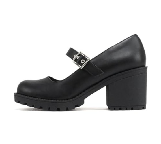 Soda “Eviana” ~ Women Mary Jane Round Toe Mid Chunky Block Heel Lug Sole Pump with Adjustable Strap - 7 - Black Pu