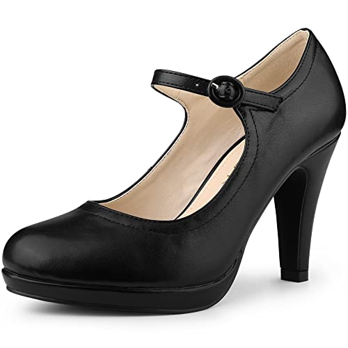 Allegra K Women's Platform Round Toe Ankle Strap Mary Jane Shoes Pump Stiletto Heel Pumps - 7 - Black