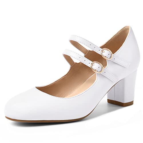 IDIFU Women's Dress Shoes for Women Pumps Mary Jane Heels Low Block Round Closed Toe Wedding Office Work - 7 - White Pu