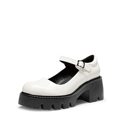DREAM PAIRS Women's Mary Janes Shoes for Women, Platform Dress Low Heel Chunky Pumps Round Toe Ankle Strap Pumps Shoes Oxfords - 7 - White