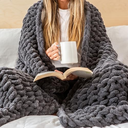 SAMIAH LUXE Chunky Knit Blanket Throw, Grey Chunky Blanket Chunky Knit Throw Blanket for Couch Knitted Blanket Chunky Throw Blanket for Bed, Knot Blanket Chenille Knitted Weighted Blanket 50x60 - 50 x 60" - Graphite