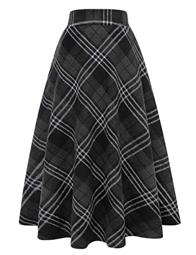 IDEALSANXUN Womens Plaid Wool Skirts Elastic Waist A-Line Pleated Tartan Long Skirts - Medium - Long Dark Grey 711