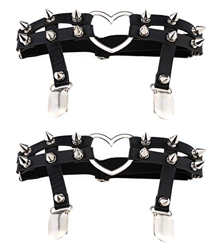 Women Girl Sexy Leather Heart Garters Punk Rock Rivet Stud Leg Ring 2pcs - One Size - Black