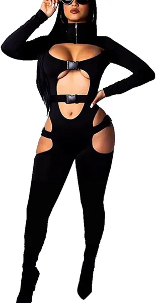 LoVnely Women Sexy Hollow Out Jumpsuit Buckle Cut Out Long Sleeve Biker Short Rompers Bodysuits - 8 Black 01