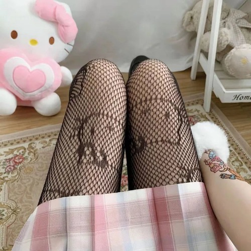Cute Kawaii Goth Kitty Cat Fishnet Tights - black cat / One Size