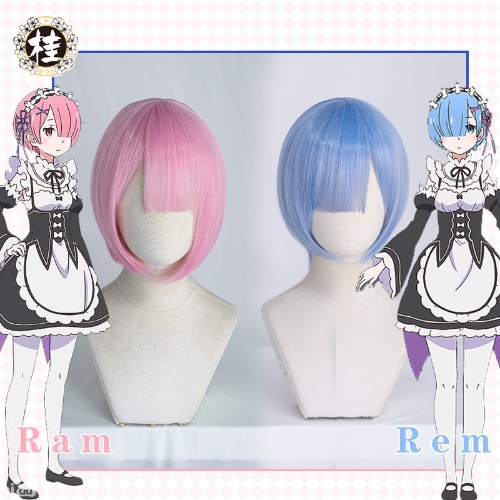UWOWO Re:Life in a different world from zero  Rem Ram Cosplay wig 30cm pink/blue - one size / Ram