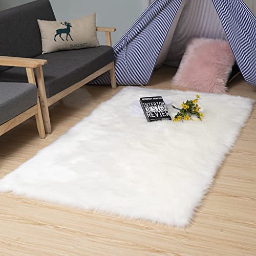 CHITONE White Faux Fur Sheepskin Area Rug Supersoft Fluffy Rectangle Sheepskin Rug Shaggy Rug Floor Mat Carpet Decoration,6x8 Feet - 6*8 Feet - White